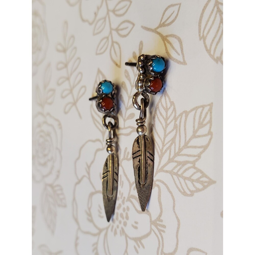 Vintage Navajo Sterling Silver Feather Earrings | Turquoise and Red Coral Dangle